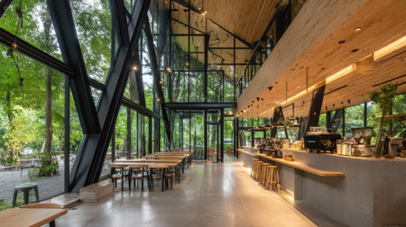 A stunning interior of a modern cafe featuring large glass walls, wooden elements, stylish furniture, and surrounding greenery, creating a serene atmosphere.の素材