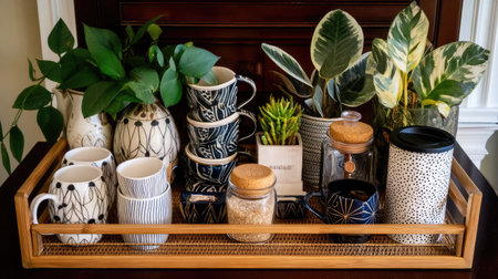 A beautifully styled arrangement showcasing modern cups, succulents, and elegant plants on a decorative wooden tray, perfect for enhancing home decor and creating a cozy atmosphere.の素材