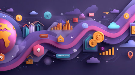 A vibrant 3D illustration representing global connectivity through data and financial icons, showcasing modern digital design elements in an engaging manner.の素材