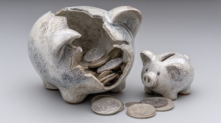 A cracked piggy bank spills coins onto a surface, symbolizing financial challenges and the importance of budgeting and saving. This image captures the essence of economic strife and the crucial need for financial management in every household.の素材