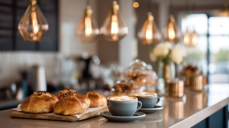 A charming cafe scene featuring freshly baked pastries on a wooden tray and steaming cups of coffee. The warm lighting enhances the inviting atmosphere, perfect for a cozy breakfast or casual gathering.の素材