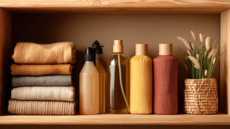A cozy bathroom shelf showcasing soft towels and beautifully arranged skincare products, ideal for creating a peaceful and serene environment at home.の素材