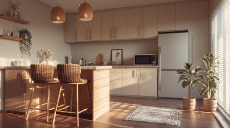 Beautiful modern kitchen featuring a bright layout with natural light streaming through, cozy decor, and stylish plants providing a warm atmosphere.の素材