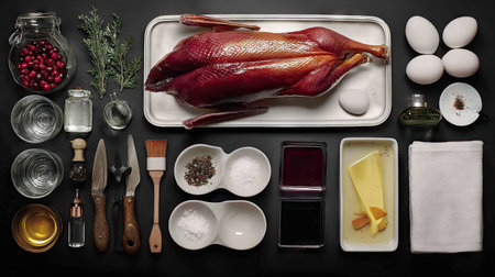 Culinary scene featuring an array of ingredients and tools for creating a gourmet dish with smoked duck, fresh herbs, and essential cooking items arranged elegantly.の素材