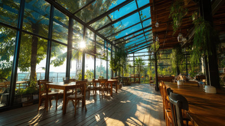 This bright cafe interior features large glass walls that flood the space with natural light, showcasing lush greenery and warm wooden furniture.の素材