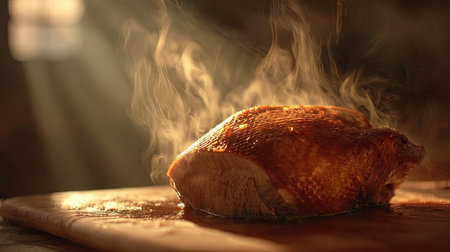 A beautifully cooked smoked chicken breast emits steam in a warmly lit kitchen, showcasing texture and flavor, perfect for culinary projects and meal presentations.の素材