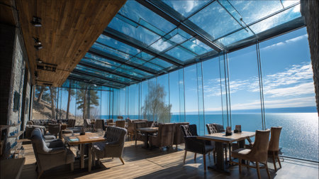 This stunning modern dining space features expansive glass walls that offer breathtaking panoramic views of the tranquil ocean and bright blue sky, creating a perfect setting for relaxation and enjoyment.の素材