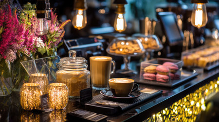 A warm and inviting coffee shop scene featuring delicious pastries and cozy drinks, accompanied by charming flowers and soft ambient lighting, perfect for relaxation.の素材