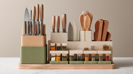 This stylish kitchen organization set features a variety of knives, wooden utensils, and spice jars, designed to enhance countertop aesthetics and maximize functionality.の素材