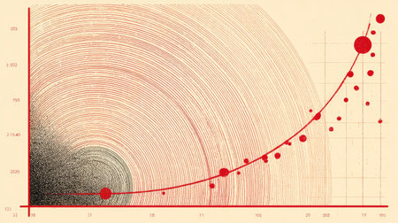 This abstract graph depicts a growth trend analysis with a creative mix of red and black colors. The circular patterns illustrate data points in a modern visualization style, perfect for business presentations or artistic projects.の素材