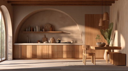 A modern minimalist kitchen showcasing sleek wooden cabinetry and a warm inviting atmosphere. Sunlight pours in, enhancing the tranquility and aesthetic appeal.の素材