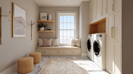 This bright and inviting laundry room features modern design elements, cozy seating with plush cushions, and ample storage, creating a functional and stylish space.の素材