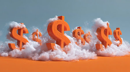 A visually striking image featuring bold orange dollar signs rising from fluffy clouds against an orange backdrop, symbolizing wealth and financial growth.の素材