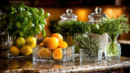 This image showcases a delightful arrangement of fresh herbs and citrus fruits in elegant glass containers, enhancing kitchen aesthetics and inspiring healthy cooking.の素材