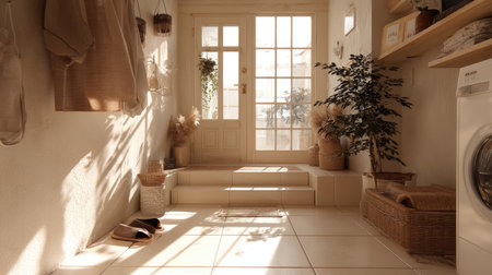 This image depicts a serene entrance hallway drenched in warm, natural light. The minimalist decor features stylish accessories, plants, and organized space, creating an inviting atmosphere.の素材