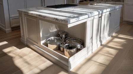 A bright and inviting kitchen island featuring a polished marble countertop and elegant stainless steel cookware. Sunlight casts beautiful shadows, enhancing the modern design and showcasing the spacious, functional layout perfect for cooking and entertaining.の素材