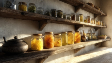 A charming display of rustic wooden shelves adorned with various jars of colorful preserves and ingredients. Warm natural light highlights the inviting atmosphere.の素材