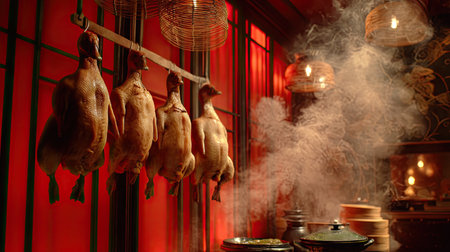 This image captures the essence of traditional Asian cuisine with hanging ducks in a warm kitchen. The inviting steam and rich colors create a cozy atmosphere perfect for culinary art.の素材