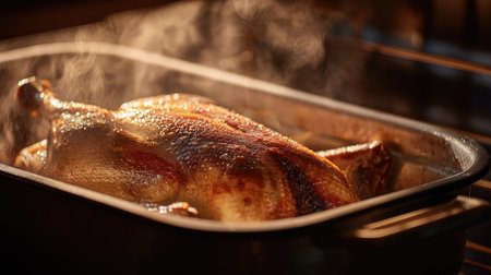 A beautifully roasted chicken sits in an oven, with steam rising, showcasing its succulent texture and golden skin, perfect for family meals.の素材