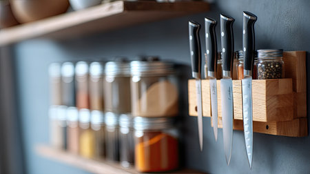 A beautifully arranged kitchen scene showcasing a knife rack featuring professional-grade knives, complemented by neatly organized spice jars on wooden shelves.の素材