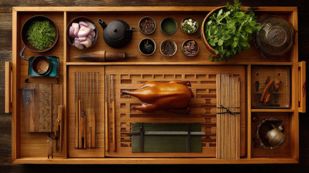 Aerial view of a beautifully arranged wooden tray featuring various fresh ingredients and cooking tools essential for preparing traditional Asian dishes.の素材