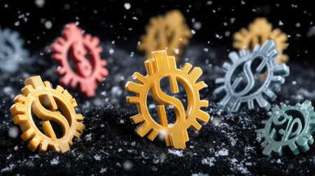 This creative image showcases colorful dollar signs intertwined with gears, symbolizing finance and wealth. The snowy backdrop adds an intriguing dimension to the concept of investment.の素材