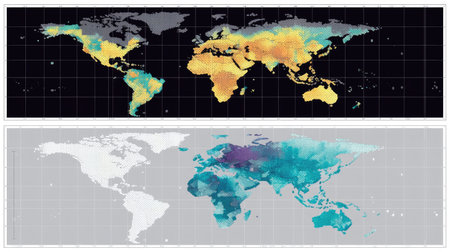 This image features two global maps illustrating climate data. The top map shows temperature variations, while the bottom displays precipitation patterns.の素材