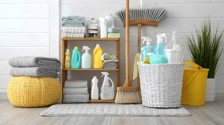 Bright and organized arrangement of cleaning supplies and tools in a spacious environment, showcasing textiles, baskets, and vibrant colors for a clean home.の素材