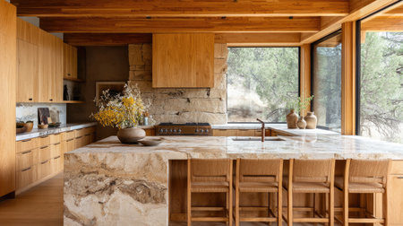A stylish modern kitchen showcasing warm wood cabinetry and a spacious natural stone island. Large windows offer beautiful views, creating a serene atmosphere.の素材