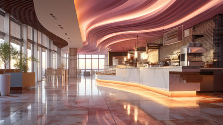 A stunning view of a modern restaurant interior featuring sleek designs, stylish lighting, and a beautifully crafted bar counter, perfect for dining.の素材