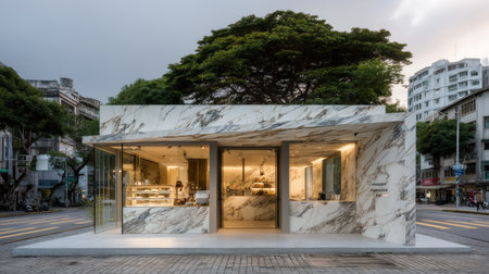 A stunning view of a modern bakery with a striking marble exterior and expansive glass windows. The urban setting at twilight enhances the inviting atmosphere.の素材