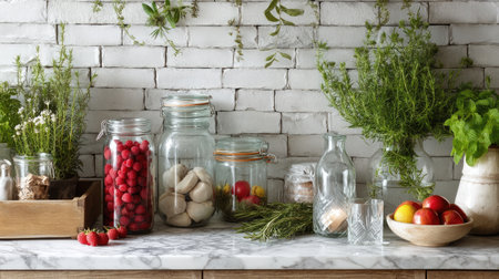 A beautiful display of fresh organic herbs and fruits in glass containers captures the essence of rustic kitchen decor. This vibrant arrangement showcases healthy ingredients and natural aesthetics, perfect for culinary enthusiasts and food lovers.の素材