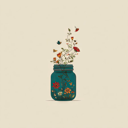 This whimsical illustration features colorful flowers and butterflies beautifully emerging from a decorative jar, set against a soft beige background, evoking a sense of peace and joy.の素材