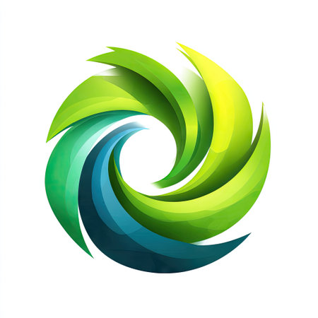 This modern abstract swirl design features vibrant gradient shades of green and blue, ideal for creative projects, logos, and illustrations.の素材
