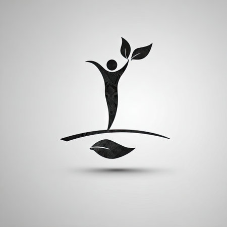 This abstract design features a human figure holding leaves, representing growth and environmental awareness. The minimalist style emphasizes harmony with nature.の素材