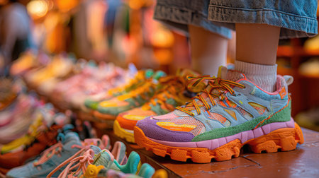 This image captures a colorful array of sneakers displayed in a vibrant shop setting, showcasing unique designs and patterns. Focused on stylish choices for footwear lovers.の素材