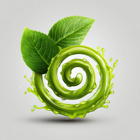 This artistic image features a vibrant green swirl of liquid splashing around fresh leaves, symbolizing vitality and the essence of nature in a modern design context.の素材