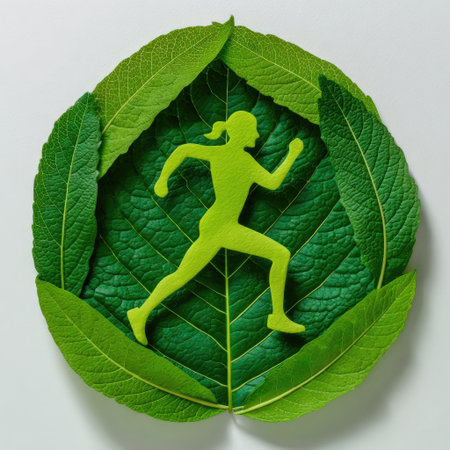 A vibrant silhouette of a running woman is framed by lush green leaves, symbolizing a perfect harmony between fitness and nature. This image represents health, vitality, and eco-friendliness in a modern lifestyle.の素材