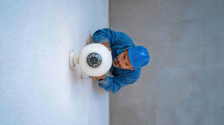 A technician in blue workwear is installing a security camera on the ceiling of a modern office space. The environment features gray walls, emphasizing a professional atmosphere.の素材