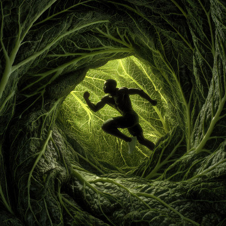 A dynamic silhouette of a runner is surrounded by an abstract spiral of green foliage. This image captures the essence of vitality and connection to nature, inspiring an active lifestyle.の素材