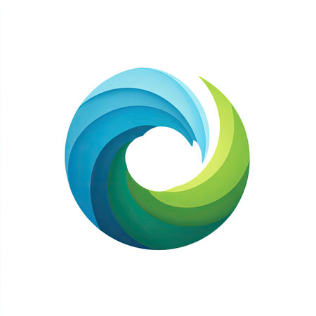 This modern abstract circular design features layered blue and green waves, symbolizing nature and sustainability in a minimalist style. Perfect for creative projects.の素材