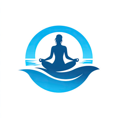 This artistic representation features a serene woman meditating, surrounded by soothing waves and a calming blue circle, embodying peace and tranquility.の素材