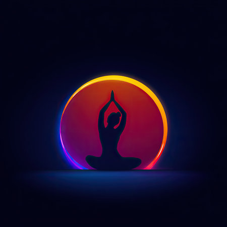 A serene silhouette of a meditative figure is set against a vibrant circular gradient, exuding a peaceful and calming atmosphere perfect for wellness themes.の素材