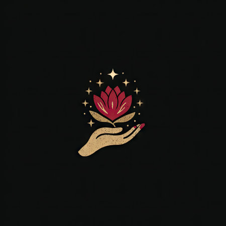 A sophisticated representation of a hand gently cradling a blooming lotus flower surrounded by sparkling stars, set against a dark backdrop. Perfect for themes of beauty, spirituality, and wellness.の素材