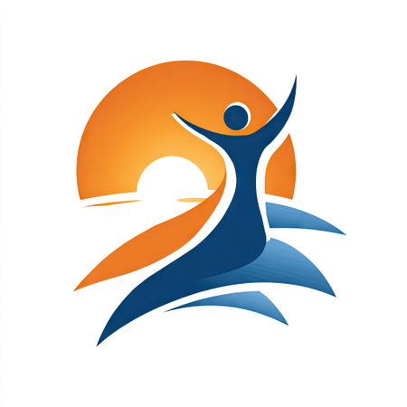 This abstract logo art showcases a silhouette of a person celebrating with outstretched arms in front of a vibrant sunset, embodying joy and freedom.の素材