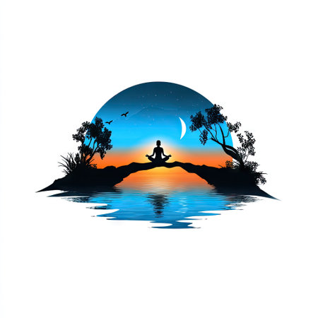 This stunning illustration depicts a serene sunset scene with a meditative figure by the water, surrounded by tranquil nature elements, evoking peace and relaxation.の素材
