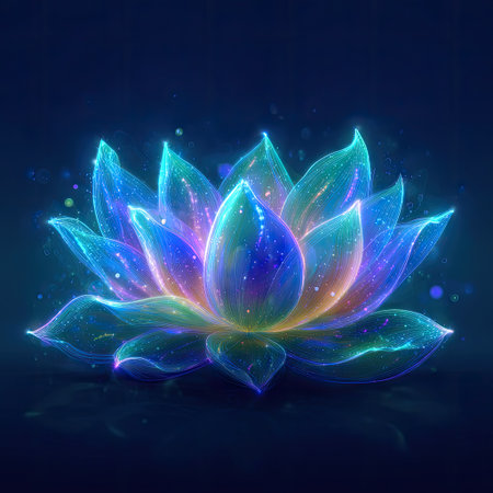 A stunning digital illustration of a glowing water lily, bursting with vibrant colors against a dark blue backdrop, evoking tranquility and beauty.の素材