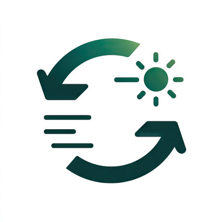 This illustration showcases circular arrows and a sun symbol, emphasizing sustainable energy and eco-friendly practices in a modern aesthetic. Perfect for environmental themes.の素材