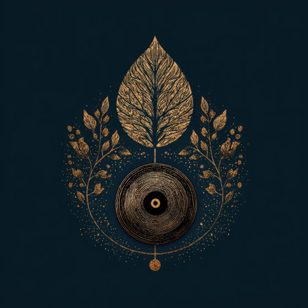This unique illustration features a vintage vinyl record surrounded by delicate leaf and floral elements, creating a harmonious blend of music and nature.の素材