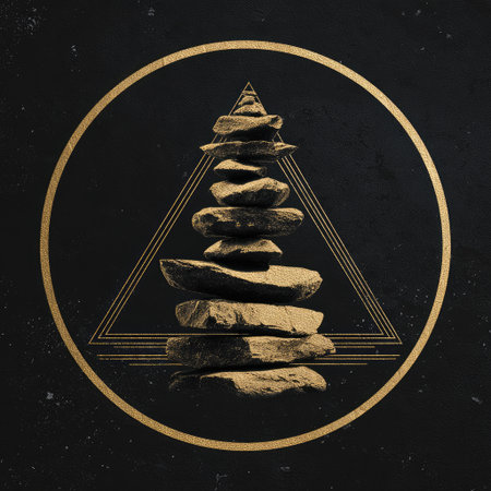 This artistic representation showcases stacked stones arranged in a pyramid, framed by geometric patterns in gold on a textured black background. Perfect for themes of mindfulness and tranquility.の素材